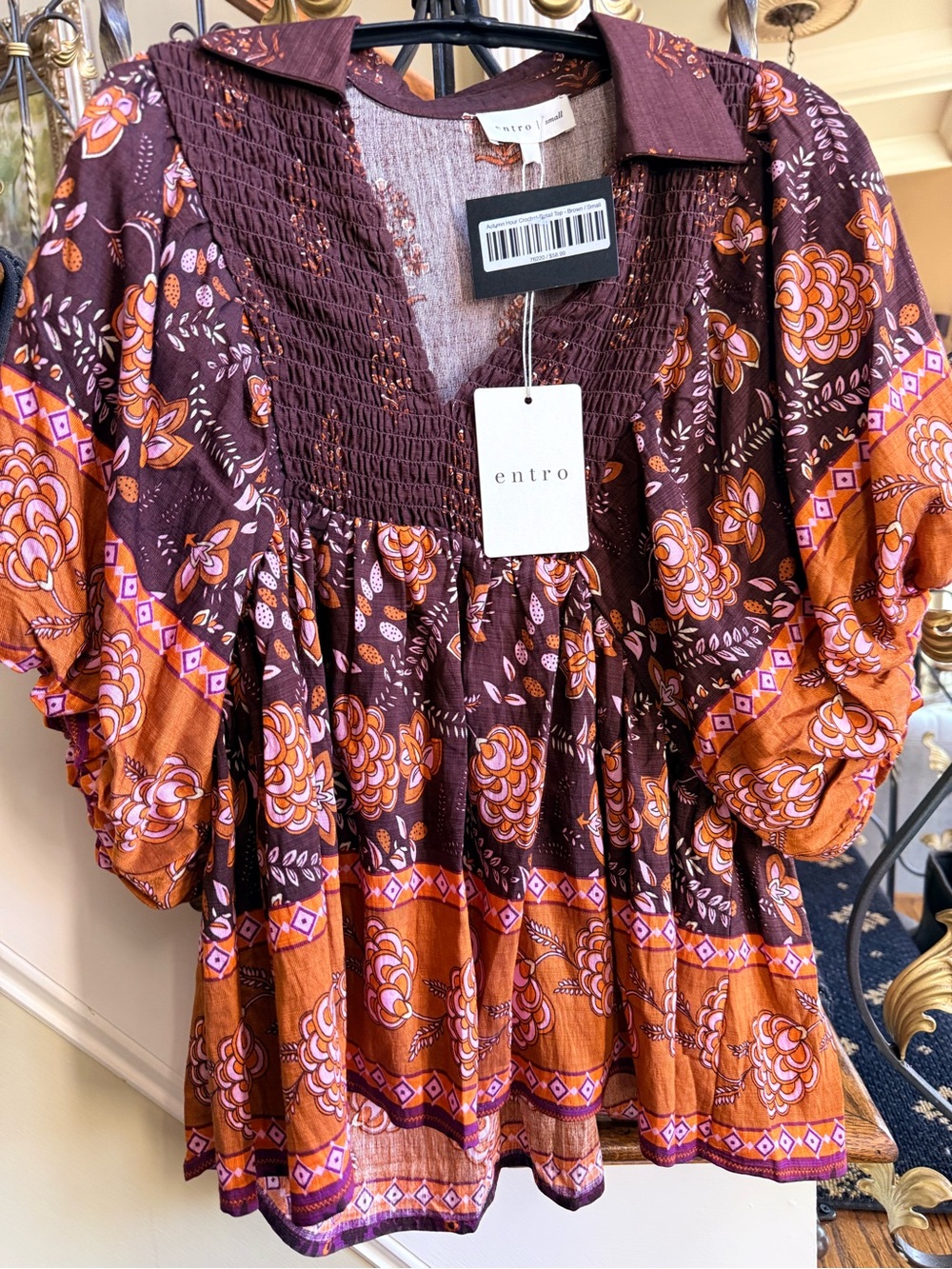 ENTRO NWT Autumn Hour Crochet Detail to. Brown Small. Puff sleeves. Beautiful - Picture 4 of 9